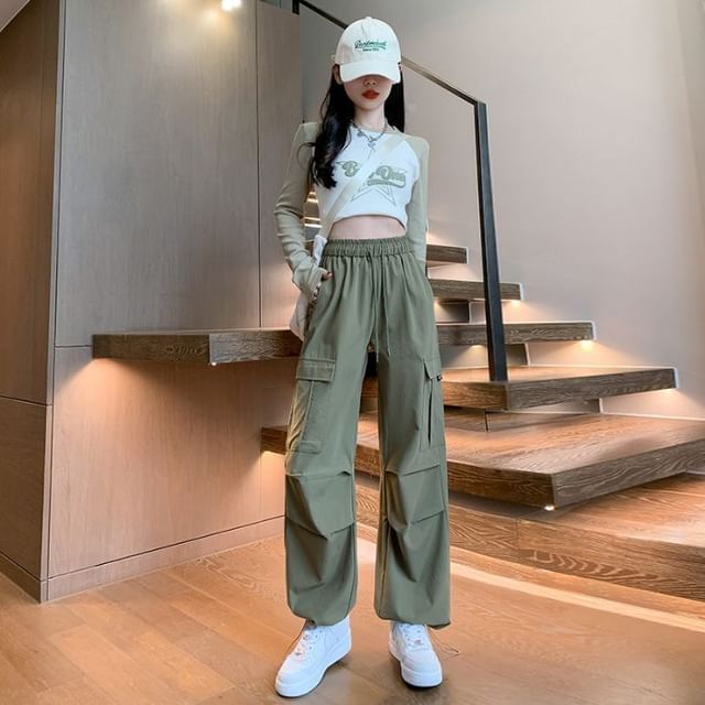 High Waist Plain Wide Leg Cargo Pants (Various Designs)