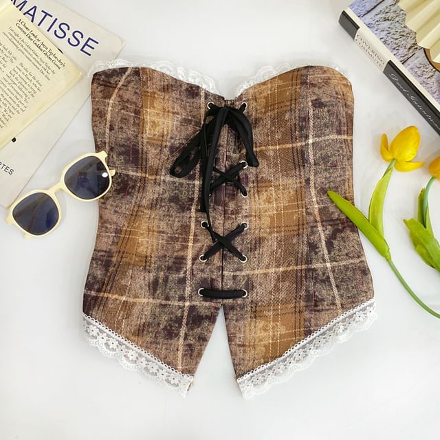 Plaid Lace Trim Tube Top