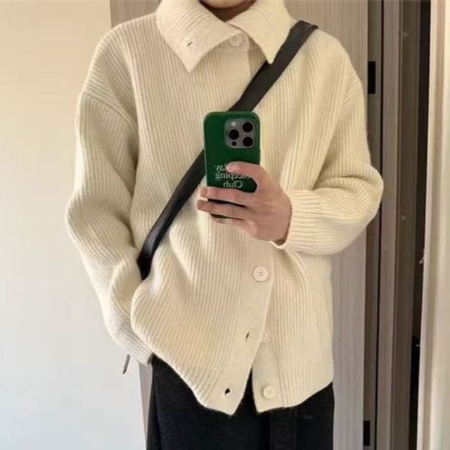 Collared Button-Front Knit Cardigan