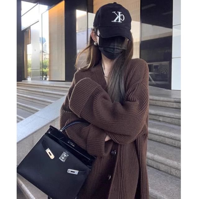 Drop-Shoulder Ribbed Plain Knit Cardigan