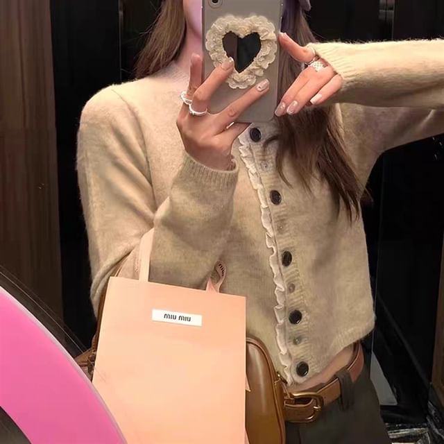 Ruffled Crew Neck Plain Knit Cardigan