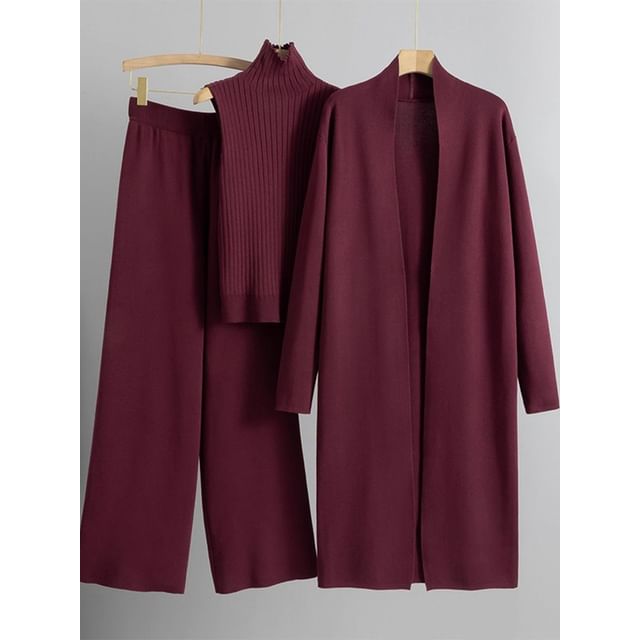 Ribbed Knit Turtleneck Tank Top & Open Front Cardigan & Drawstring Waist Wide Leg Pants Set