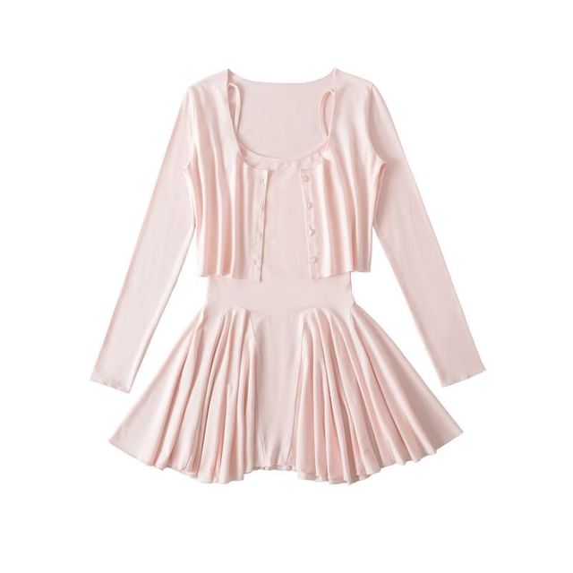 Spaghetti Strap Plain Mini A-Line Dress & Round Neck Crop Cardigan Set