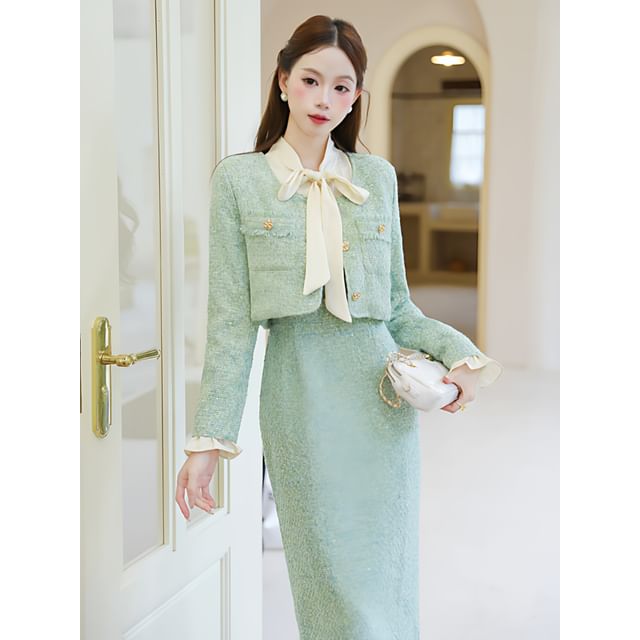 Button-Up Tweed Crop Jacket / Mock Two-Piece Long-Sleeve Maxi Sheath Dress / Set