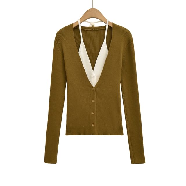 Halter V-Neck Two Tone Mock Two-Piece Button-Up Cardigan