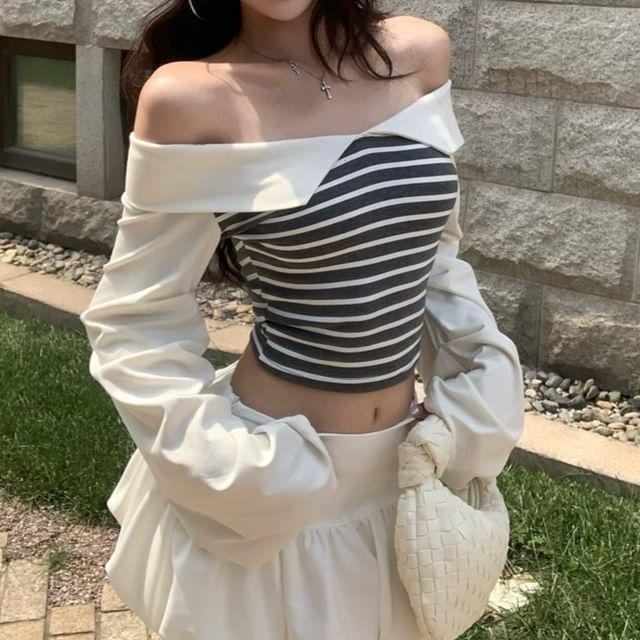 Off-Shoulder Long Sleeve Striped Panel Top
