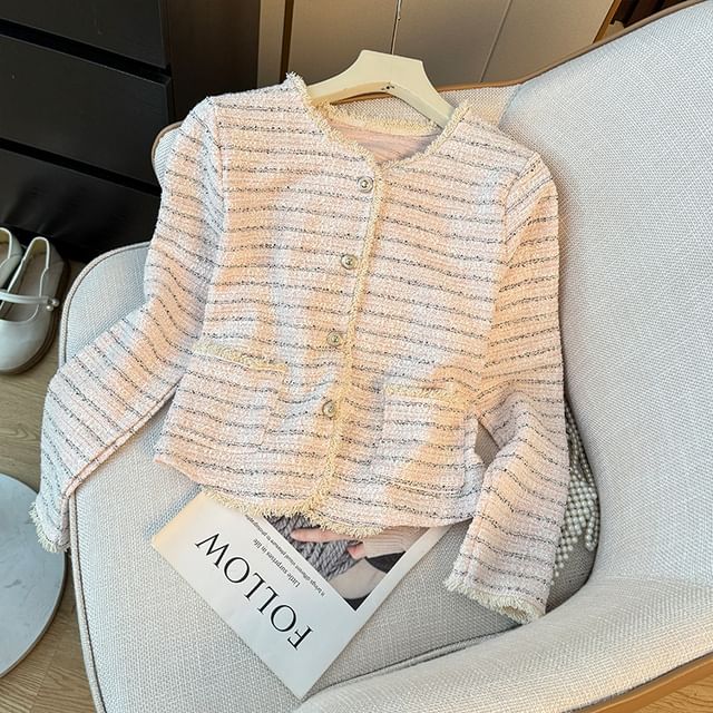 V-Neck Tweed Button Jacket