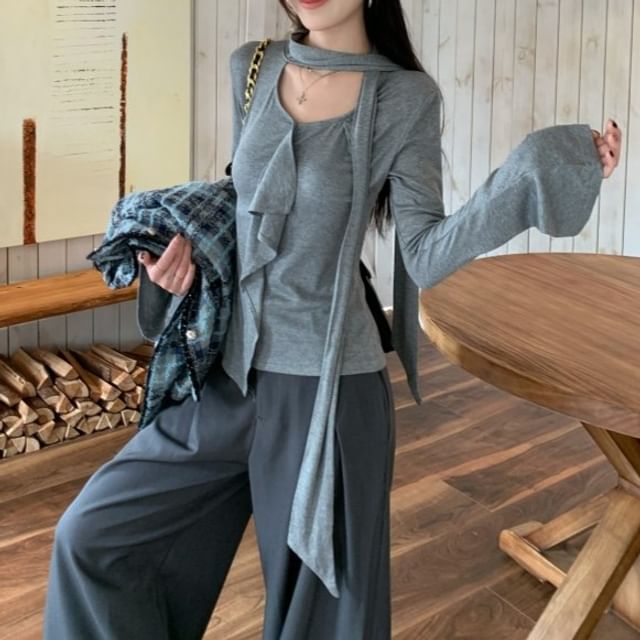 Plaid Tweed Button Jacket / Long-Sleeve Ruffle Trim Slim Fit T-Shirt / High Rise Wide Leg Slacks