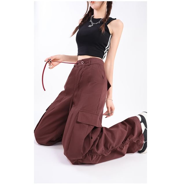 High Rise Plain Wide Leg Cargo Pants