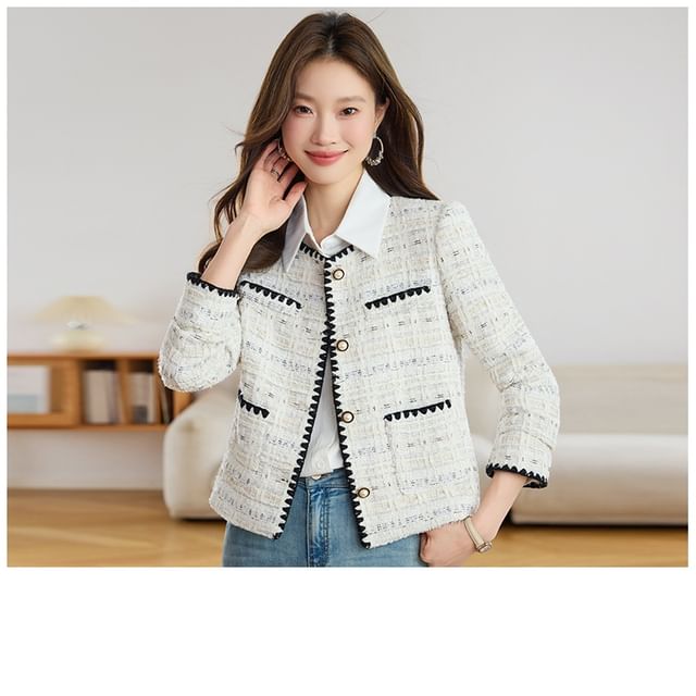 Round Neck Tweed Faux Pearl Button Jacket