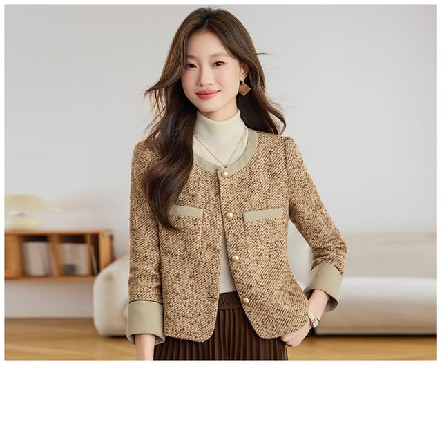 Round Neck Panel Tweed Button Jacket