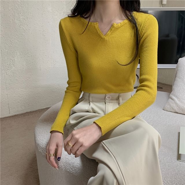 Notch-Neck Long-Sleeve Ribbed Knit Tee