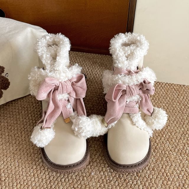 Platform Pom Pom Fleece-Lined Lace-Up Short Snow Boots