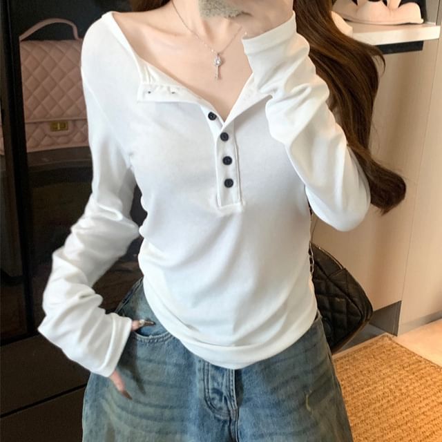 Round Neck Henley T-Shirt with Long Sleeves, Solid Pattern