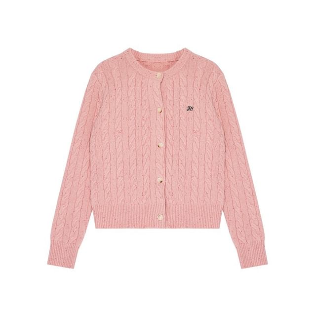 Round Neck Melange Embroidered Cable Knit Cardigan