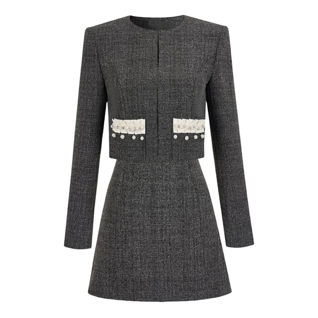 Open Front Tweed Jacket / Sleeveless A-Line Dress / Set