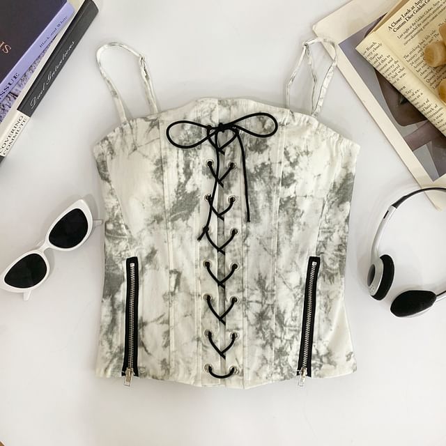 Tie Dye Zip Slit Lace-Up Cropped Camisole Top