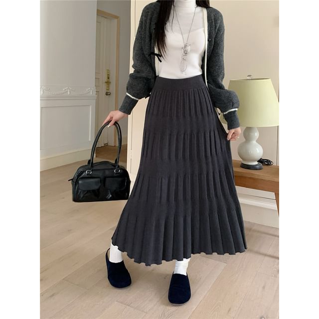 Ribbed Knit Maxi A-Line Skirt High Waist