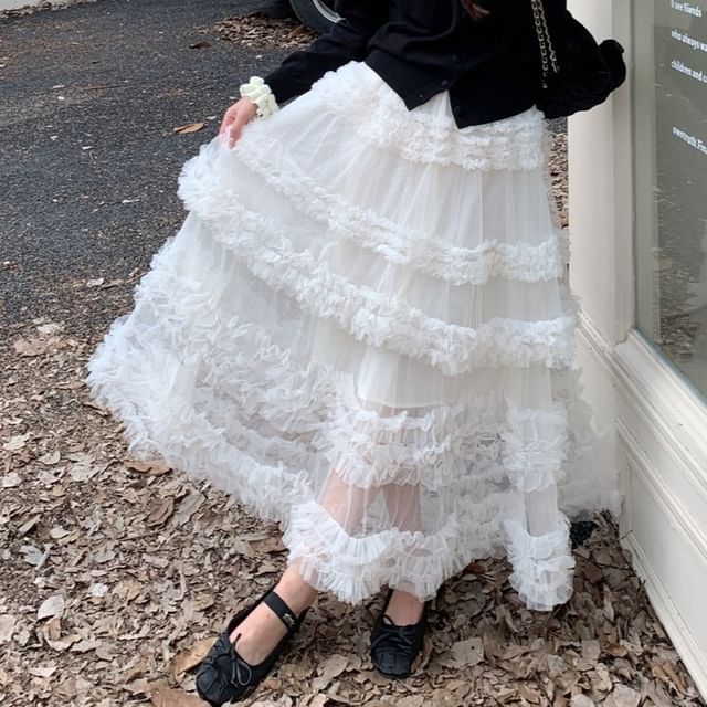 Two Tone Ruffle Cardigan and Tiered Mesh Maxi Skirt
