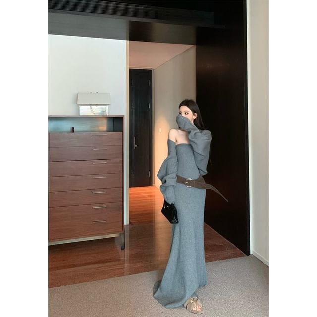 Set: Plain Cardigan + Strapless Knit Maxi A-Line Dress