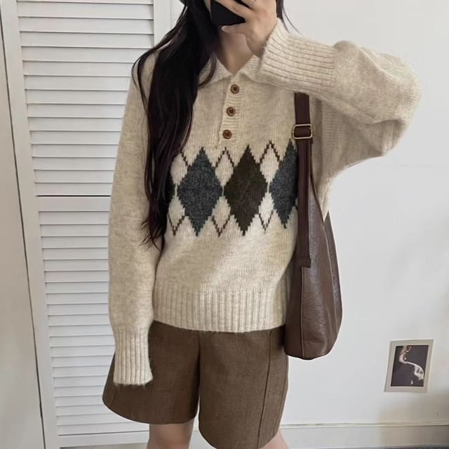 Diamond Jacquard Polo Sweater