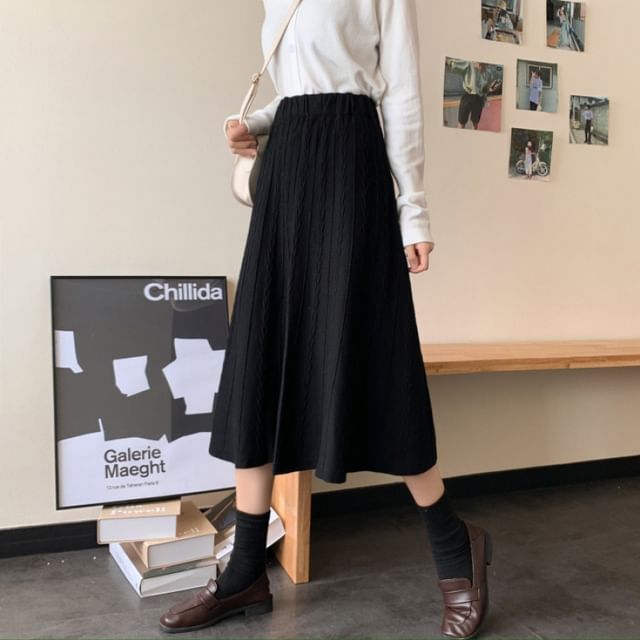 Elastic Waist Cable Knit Midi A-Line Skirt