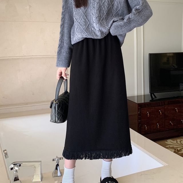 Fringed Slit Corduroy Midi A-Line Skirt Elastic Waist