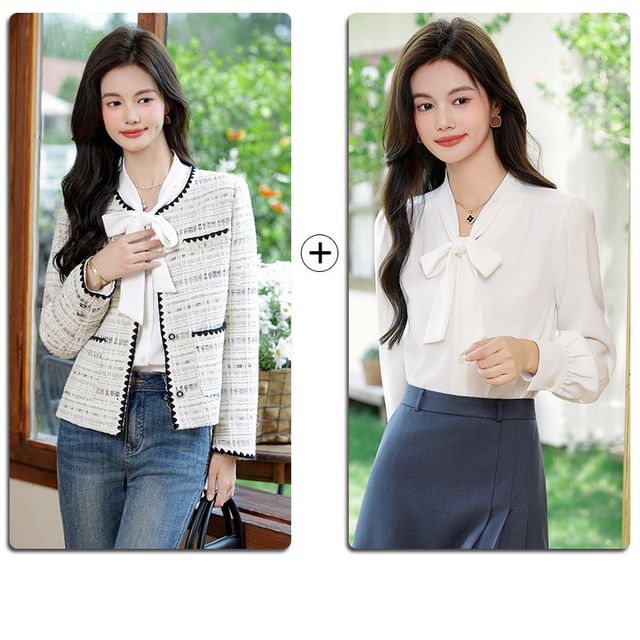 Plaid Button-Up Tweed Jacket / Long-Sleeve Ribbon Neck Blouse / Set