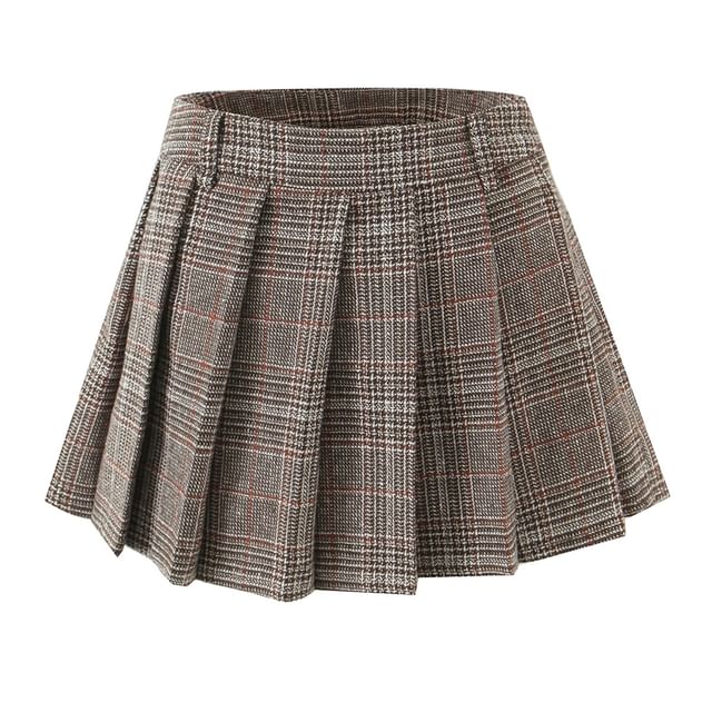 High Waist Houndstooth Pleated Mini A-Line Skirt