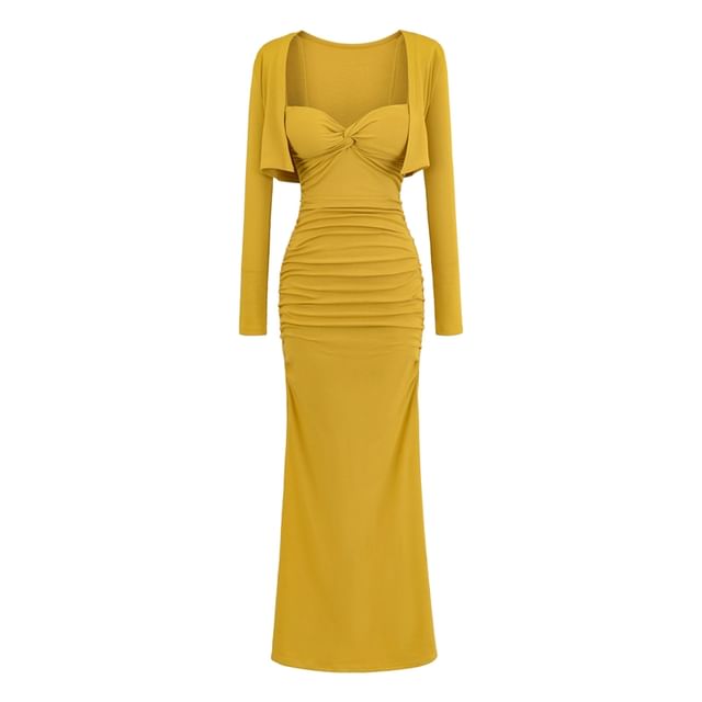Set: Plain Open Front Crop Cardigan + Spaghetti Strap Ruched Maxi Mermaid Dress