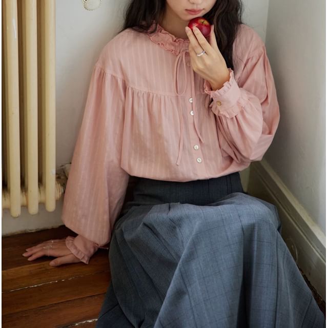 Long-Sleeve Plain Bow Frill Trim Blouse