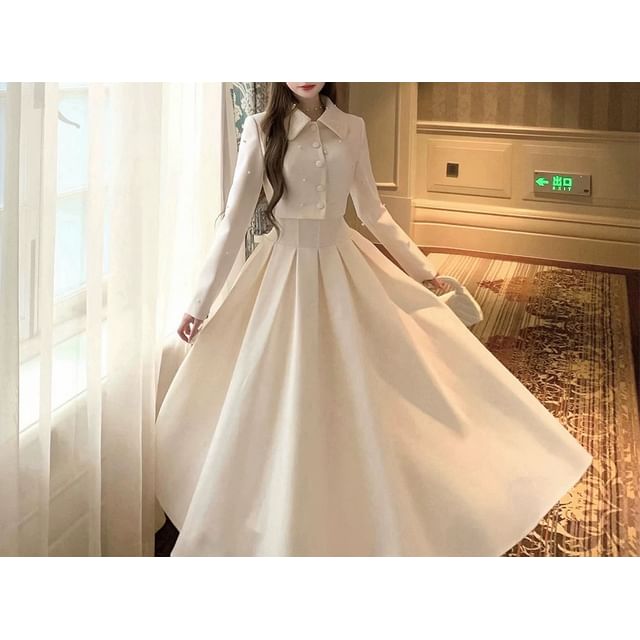 Collar Plain Faux Pearl Cropped Button Jacket / High Rise Maxi A-Line Skirt