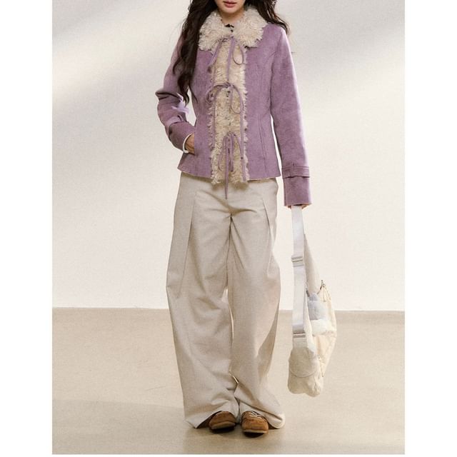 Collar Fluffy Trim Tie Front Jacket