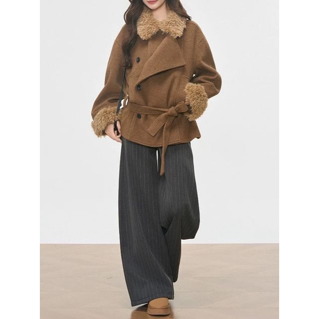Collar Fleece Panel Sashed Single-Breasted Jacket / Striped Wide Leg Pants
