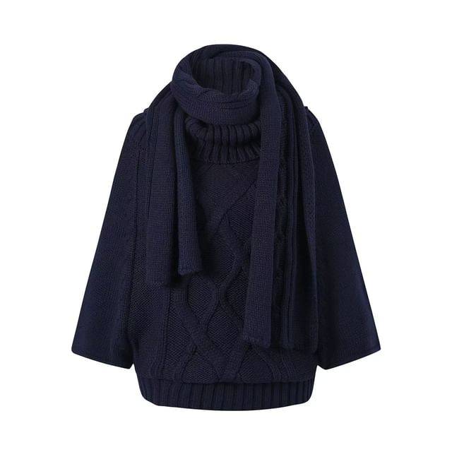 Long-Sleeve Mock Neck Melange Knit Top / 3/4-Sleeve Plain Sweater / Scarf / Set