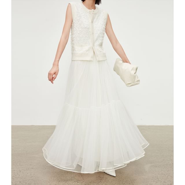 Layered Mesh Midi A-Line Skirt with High Waist