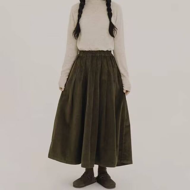 Plain Corduroy Midi A-Line Skirt with Elastic Waist