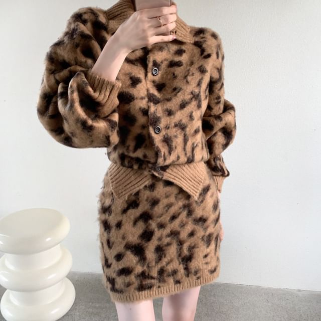 Collar Leopard Print Cardigan and High Rise Mini Pencil Knit Skirt Set