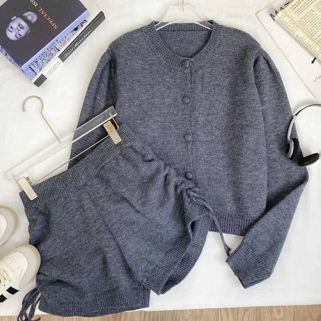 Set: Round Neck Plain Cardigan + High Waist Drawstring Knit Shorts