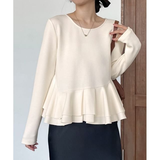 Round Neck Plain Peplum Sweatshirt