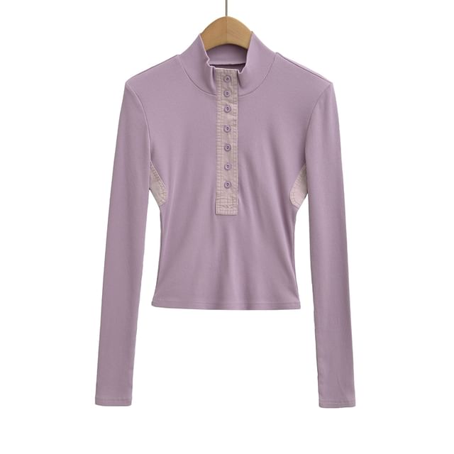 Plain Crop Tee with Mock Neck and Long Sleeves