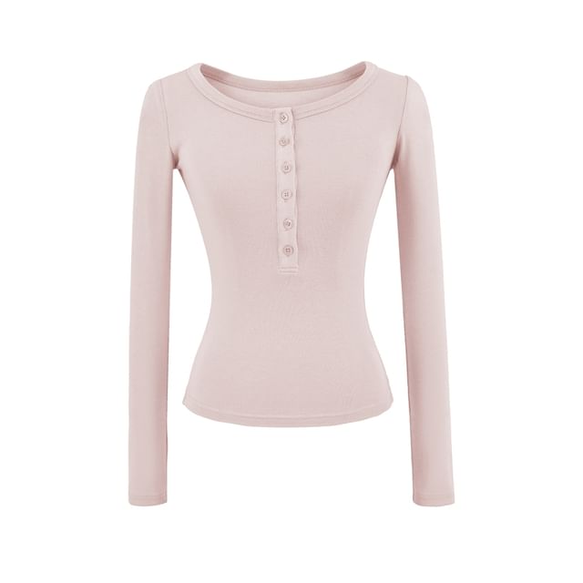 Plain Crop Tee with Scoop Henley Neck and Long Sleeves