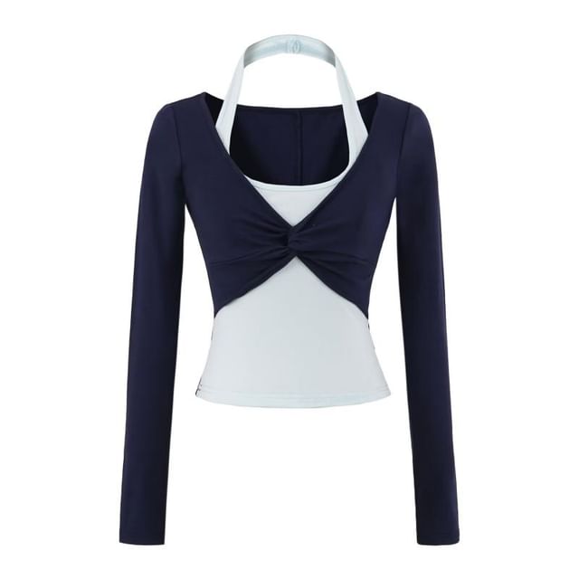 Long Sleeve Halter Illusion Layered Ruched Top