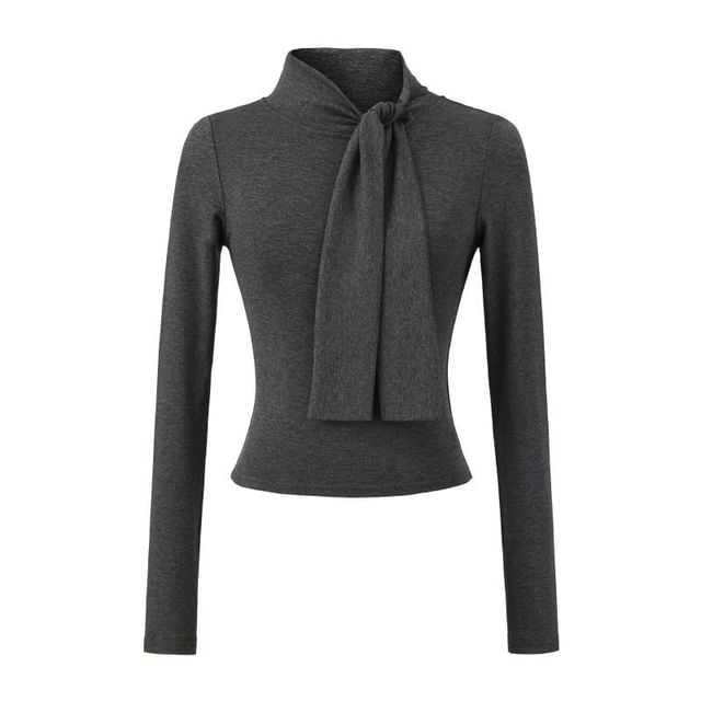 Long Sleeve Tie Neck Plain Blouse