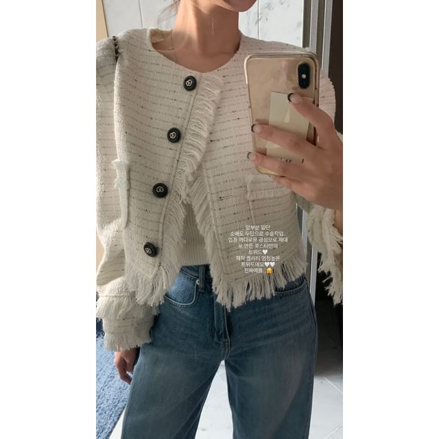 Round Neck Fringe Tweed Button Jacket