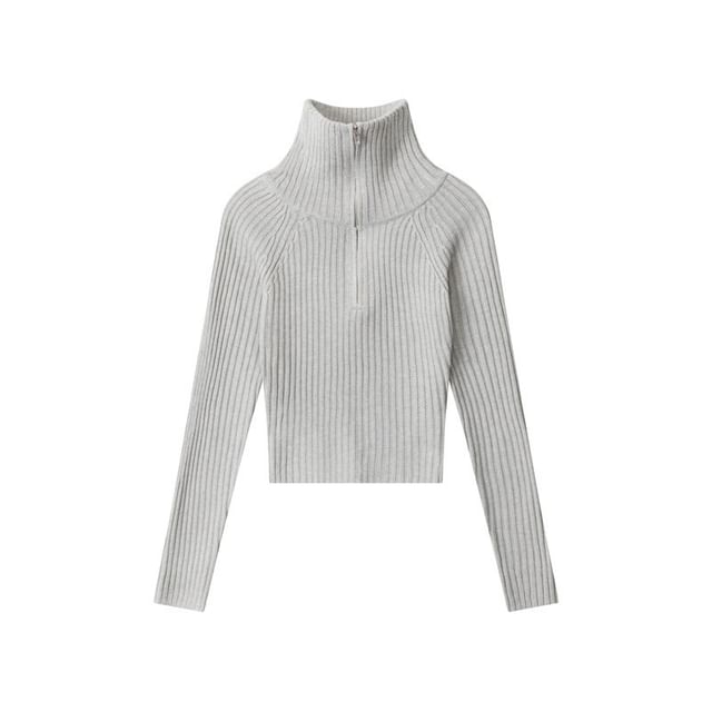 Half-Zip Ribbed Knit Fitted Long-Sleeve Top