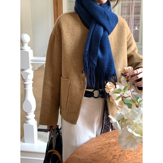 Round Neck Plain Wool Button Up Jacket