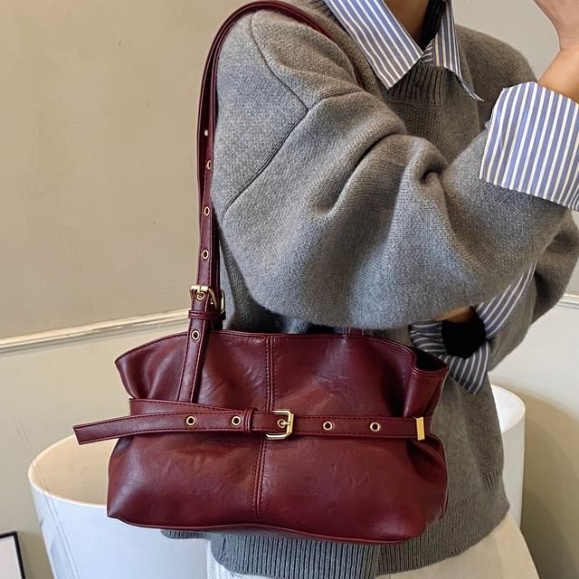 Belted Faux Leather Shoulder Bag