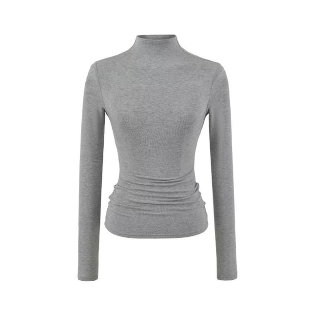 Mock Neck Long-Sleeve Solid Knit Tee with Ribbed Texture
