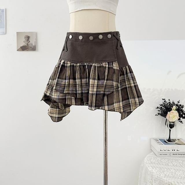 Plaid Studded High Waist Asymmetrical Mini Skirt